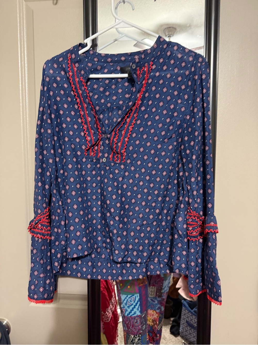 J. Crew Navy Printed Blouse with Red Trim